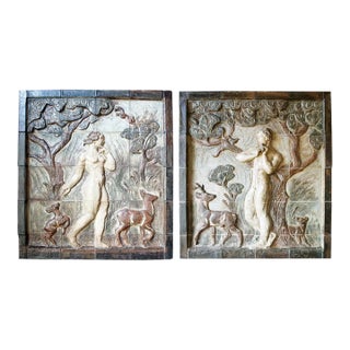 Large Pair Knud Kyhn for Royal Copenhagen Stoneware Tile Wall Panels, Adam and Eve For Sale