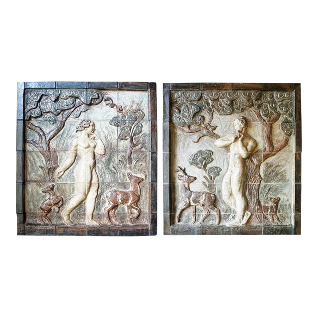 Large Pair Knud Kyhn for Royal Copenhagen Stoneware Tile Wall Panels, Adam and Eve For Sale