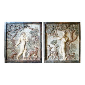 Large Pair Knud Kyhn for Royal Copenhagen Stoneware Tile Wall Panels, Adam and Eve