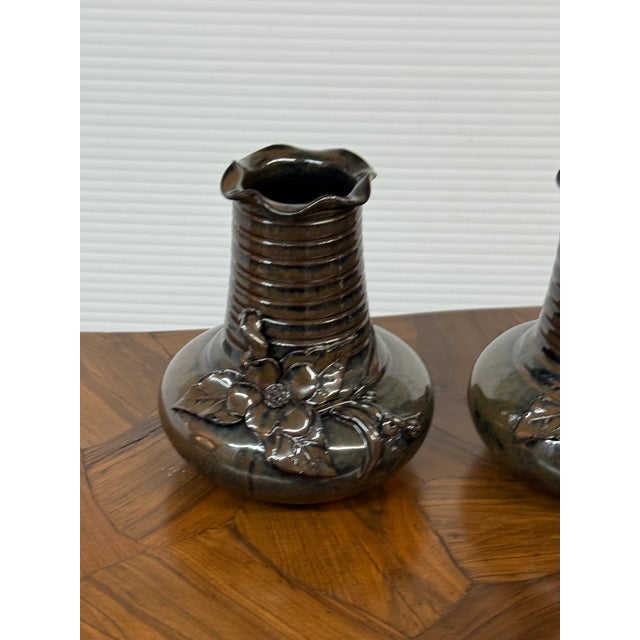 Brown Maitland-Smith Glazed Ceramic Floral Vases, Pair For Sale - Image 8 of 12