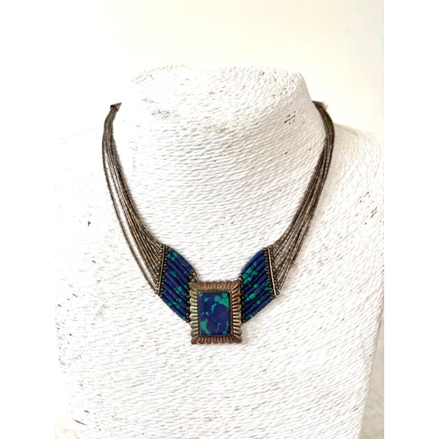 American Vintage Native American Multi-Strand Liquid Silver Necklace, Azurite-Malachite Pendant For Sale - Image 3 of 4