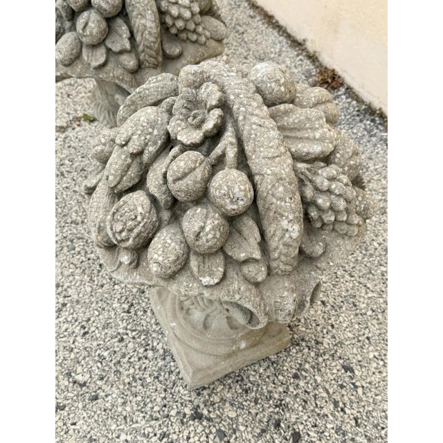Beige Vintage Cast Cement Stone 26" Fruit & Flower Basket Garden Lawn Ornament - Pair For Sale - Image 8 of 15