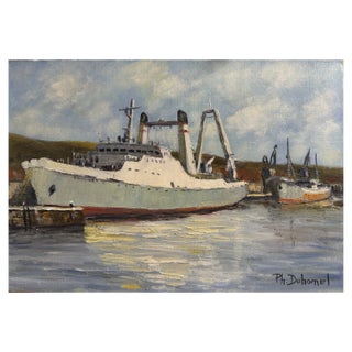 Philippe Duhamel, Oil on Canvas, Trawling in the Port of Fécamp, 1970s For Sale