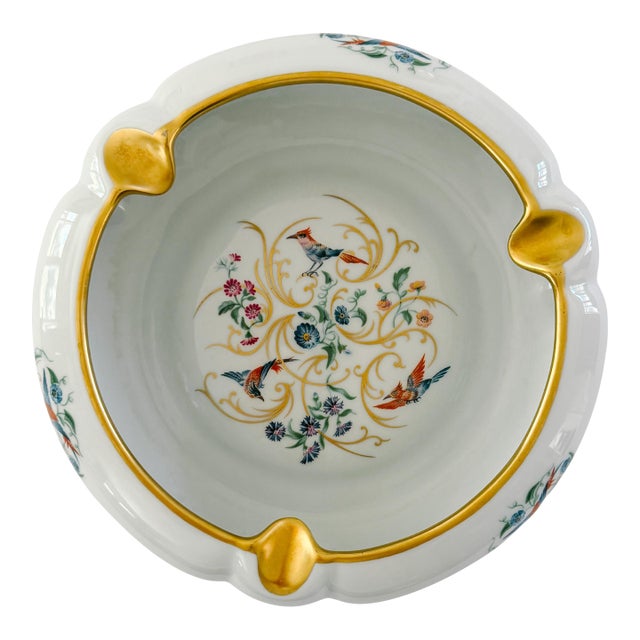 Large Vintage French Limoges Porcelain Ashtray With Birds of Paradise & 22k Gold Gilding For Sale