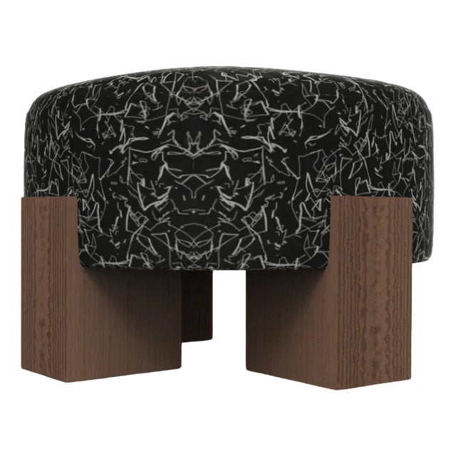 Cassette Pouf in Kirkby Design Scribble Noir Fabric and Smoked Oak by Alter Ego for Collector For Sale