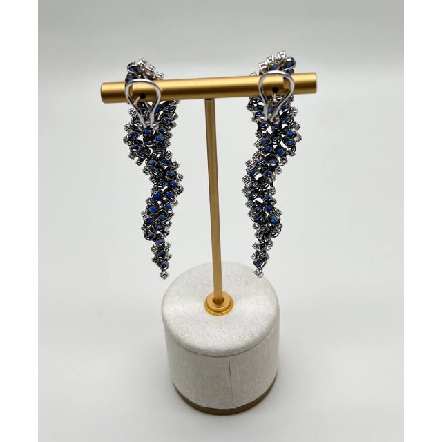 Blue Sapphire Cascade Wave Diamonds 18k White Gold Statement Fancy Earrings, A Pair For Sale - Image 4 of 12