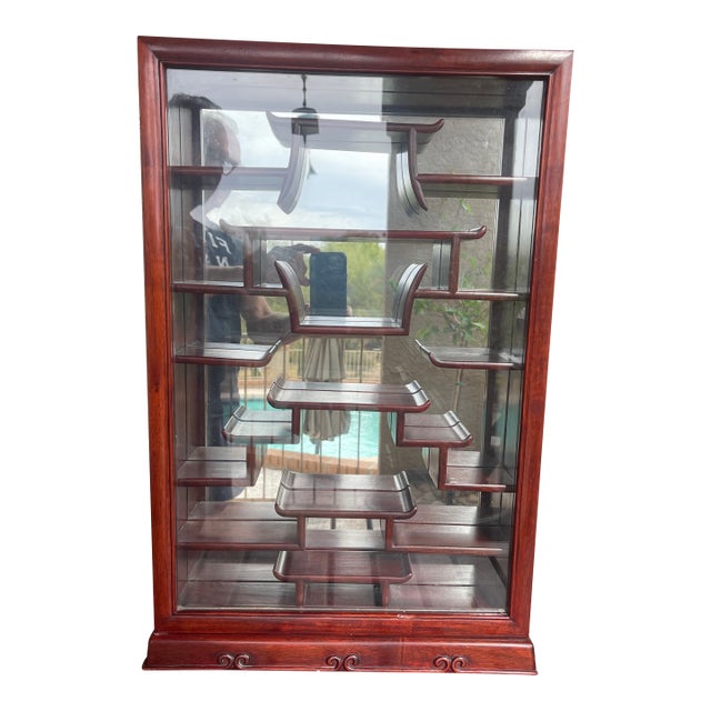 Vintage Chinese Rosewood 18 Shelf Curio Cabinet Glass Door Mirror Back Wall Mount For Sale