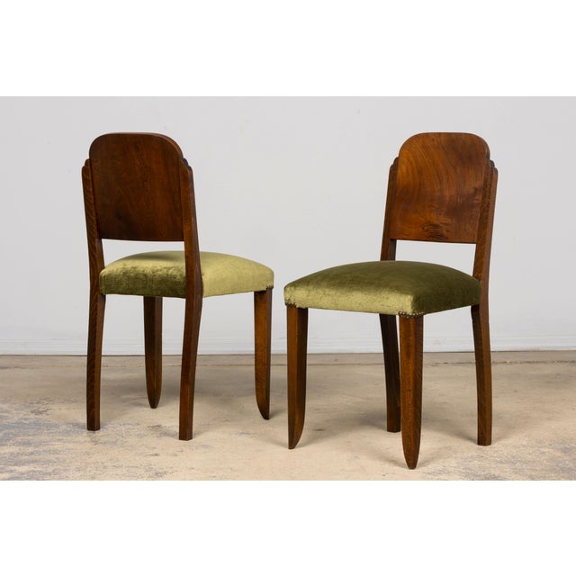 Set of 6 French Art Deco Walnut Dining Chairs in Olive Green Velvet, 1930s For Sale In New York - Image 6 of 18
