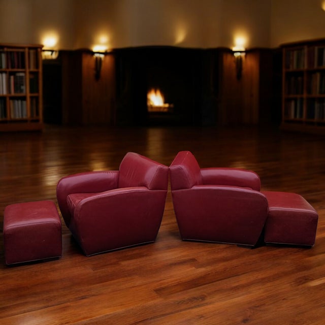 Italian Stunning Pair of Vintage Italian Leather Club Chairs With Two Matching Ottomans by Cabot Wrenn For Sale - Image 3 of 12