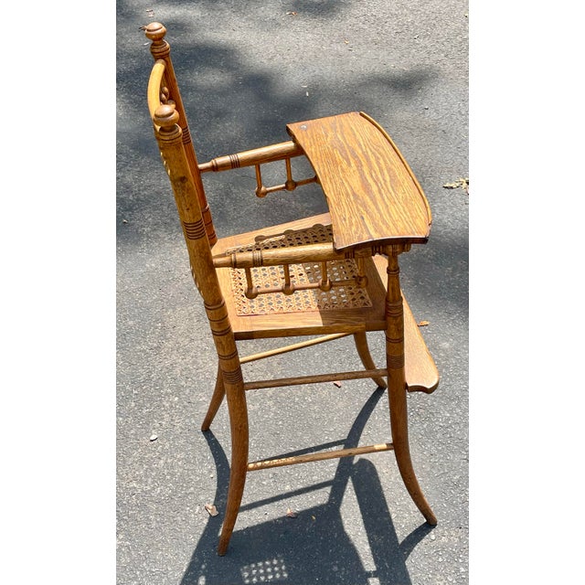 Victorian Late 19th-Century Victorian Solid Oak "Ball & Stick" Highchair With Hand-Woven Cane Seat For Sale - Image 3 of 18