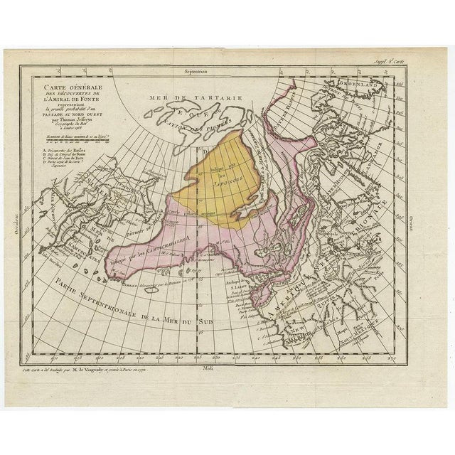 Antique map titled 'carte generale des decouvertes de l'amiral de fonte (\.)'. Original antique map of the discoveries of...