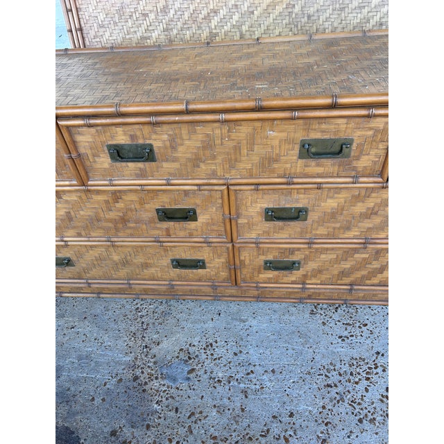 1980s Faux Bamboo Woven Reed Campaign-Style Dresser For Sale - Image 4 of 10