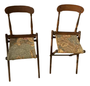 Antique Tapestry Folding Campaign Chairs - a Pair
