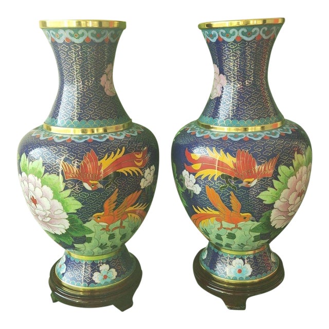 Pair of Vintage Cloisonné Enamel Vases – Phoenix & Peony Motif, Sapphire Blue Ground For Sale