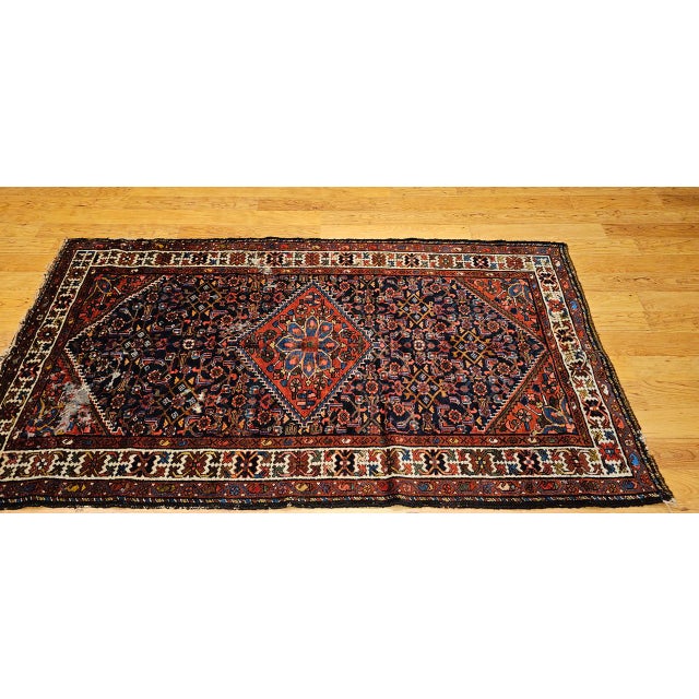 Vintage Persian Malayer Area Rug, Hand-Knotted Wool, Geometrical Pattern, 4x7, Navy & Ivory For Sale - Image 4 of 12