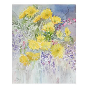 Contemporary Yellow Purple Floral Watercolor Painting