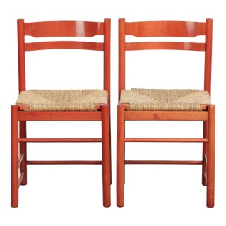 Vintage Wooden Red Chairs with Woven Cane Seat, 1970s, Set of 2 For Sale