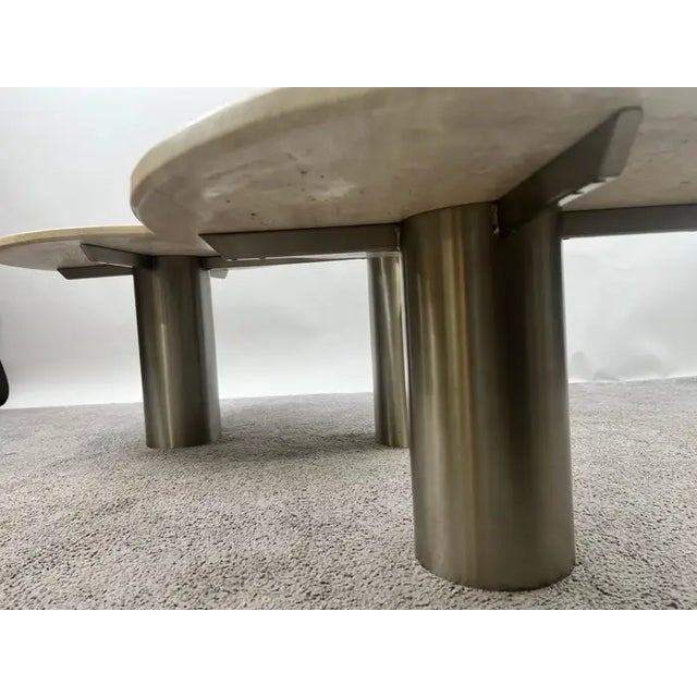 1990s Organic Modern Travertine Three-Tier Circular Coffee Table With Metal Base For Sale - Image 10 of 14