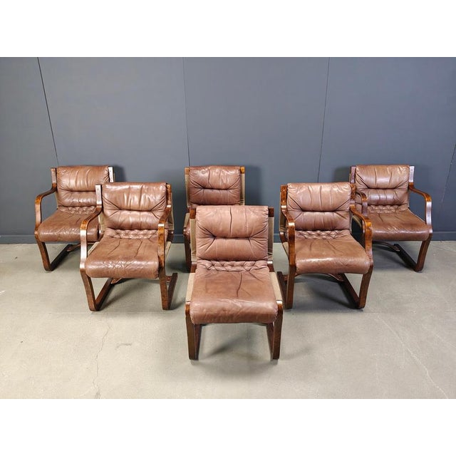 Vintage Leather and Plywood Chairs from Asko Pajamies, Finland, 1970s, Set of 6 For Sale - Image 12 of 13