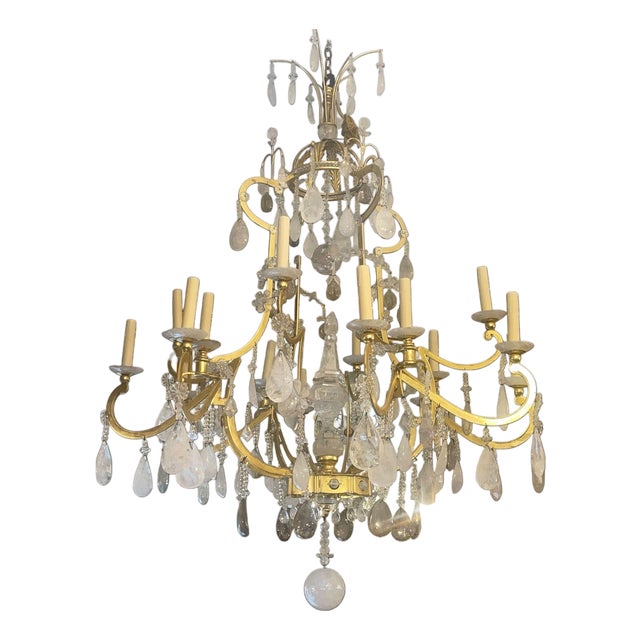 Mid 20th Century Glamorous Italian 22k Gold Leaf & Rock Crystal Chandelier. 20th Century. For Sale