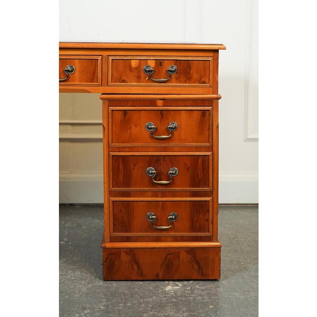 Animal Skin Vintage Yew Twin Pedestal Desk with Burgundy Leather Top For Sale - Image 7 of 17