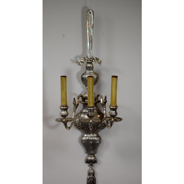Traditional Pair of Large E. F. Caldwell Silvered Three-Arm Wall Sconces-H-42" For Sale - Image 3 of 5