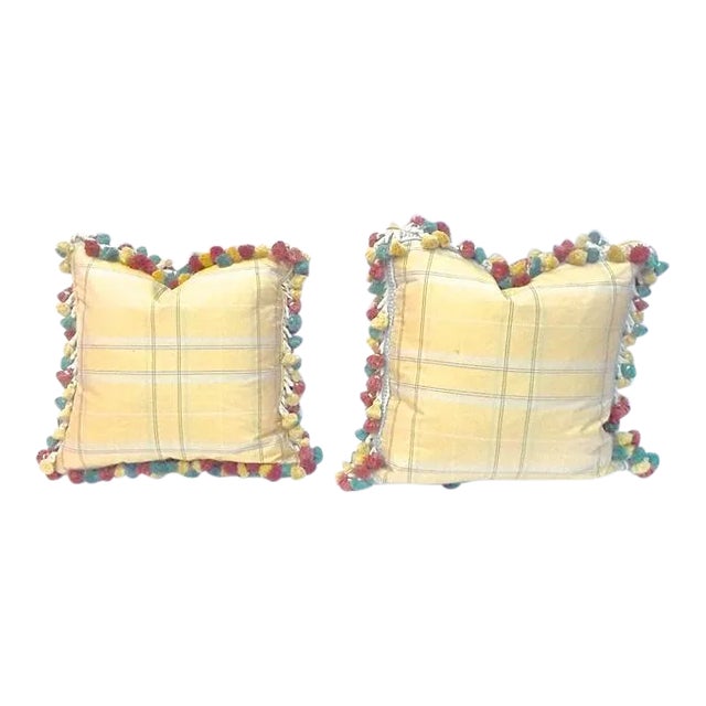 Vintage Plaid Yellow Silk & Tassel Pillows - A Pair For Sale