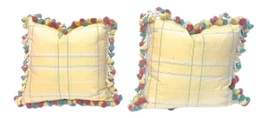 Vintage Plaid Yellow Silk & Tassel Pillows - A Pair