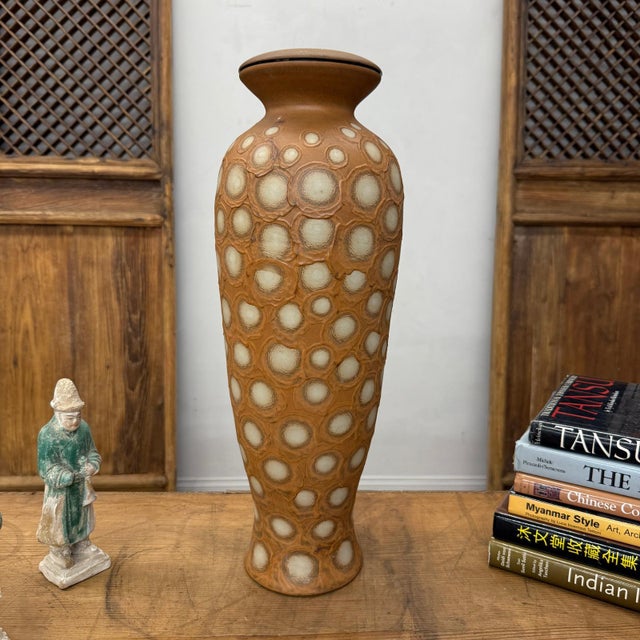 Rustic Sand Orange Textured Ceramic Lamp Base with White Polka Dots For Sale - Image 3 of 9