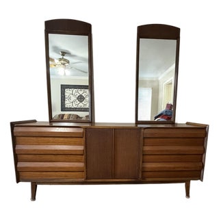 Lane Mid-Century Modern Walnut Triple Dresser With Dual Mirrors For Sale