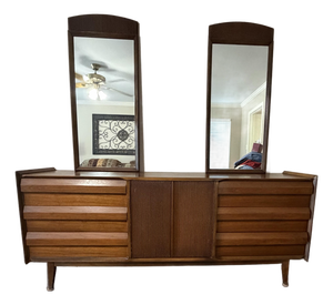 Lane Mid-Century Modern Walnut Triple Dresser With Dual Mirrors