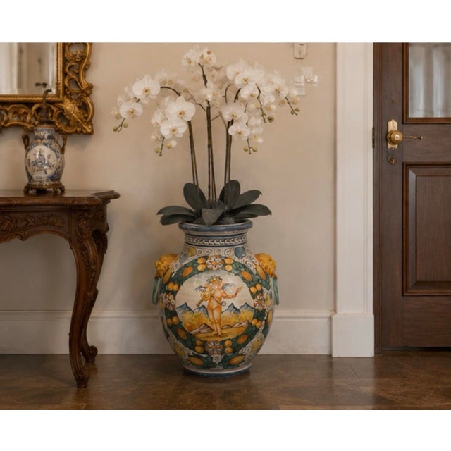 Vintage Italian Majolica Style Large Ceramic Urn Vase With Putto and Lion Head Handles For Sale - Image 11 of 11