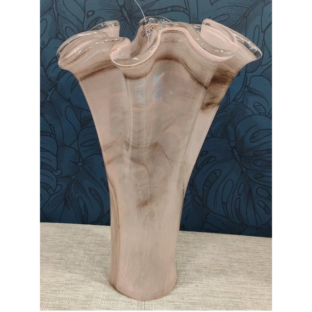 Make a dramatic statement with this **Vintage Murano Lavender Italian Art Glass Ruffled Vase**, an elegant hand-blown...