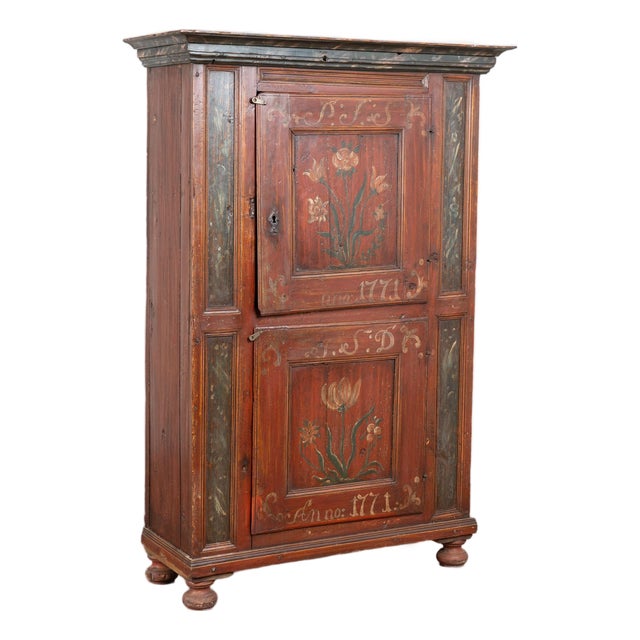 Original Hand Painted Swedish Pine Two Door Cupboard Cabinet Dated 1771 For Sale