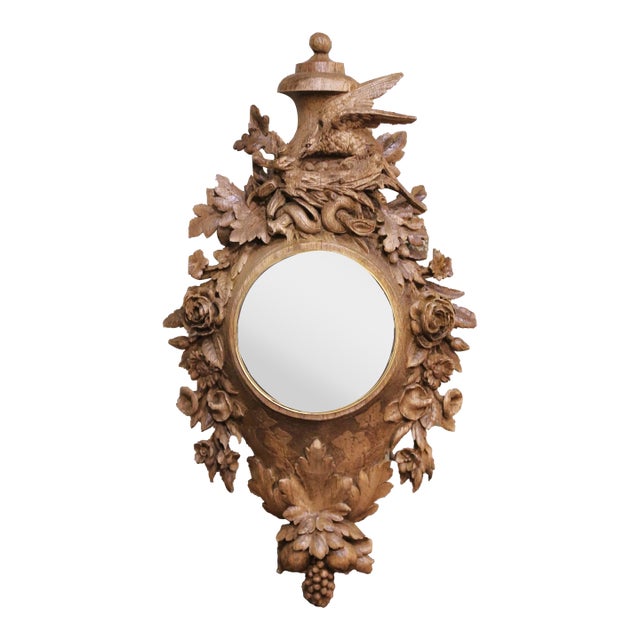19th Century French Black Forest Carved Oak Mirror With Bronze Trim and Bird Motif For Sale