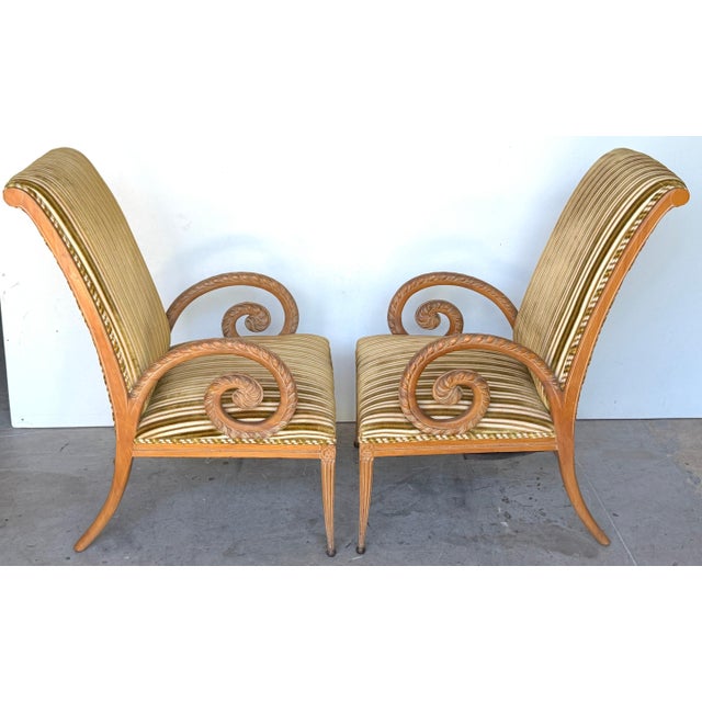 Pair French Modern Carved Feather Scroll Arm Lounge Chairs, Style Maison Jansen For Sale - Image 13 of 18