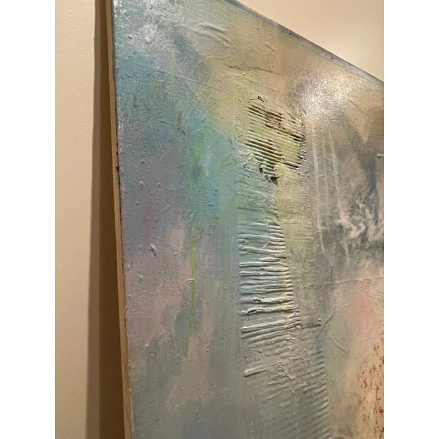 Abstract Abstract Light Blue Painting With Mixed Media Red Flower Wallpaper For Sale - Image 3 of 8