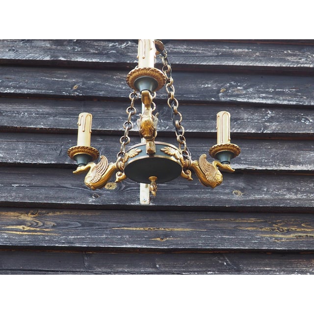 Mid-Century French Empire Style Bronze 3-Branch Swan Chandelier by Lucien Gau, 1970s, in Very Good conditions. Designed...