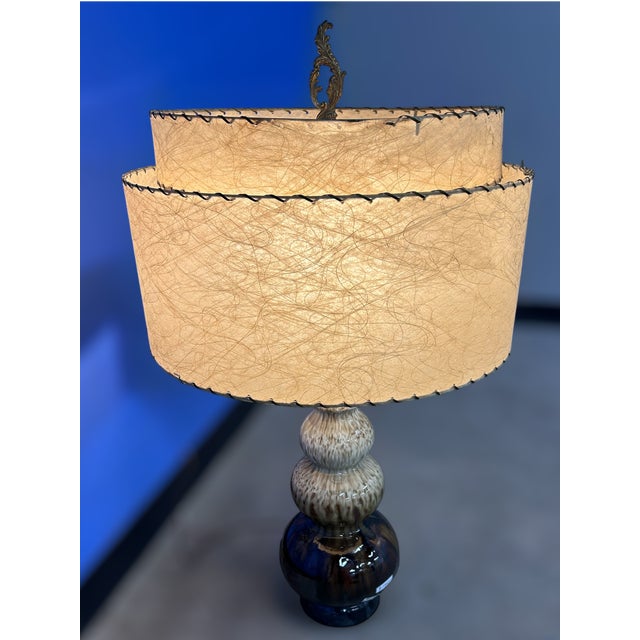 Mid-Century Modern Vintage Mid Century Modern Table Lamp – Tiered Fiberglass Shade, Drip Glaze Ceramic Base For Sale - Image 3 of 7
