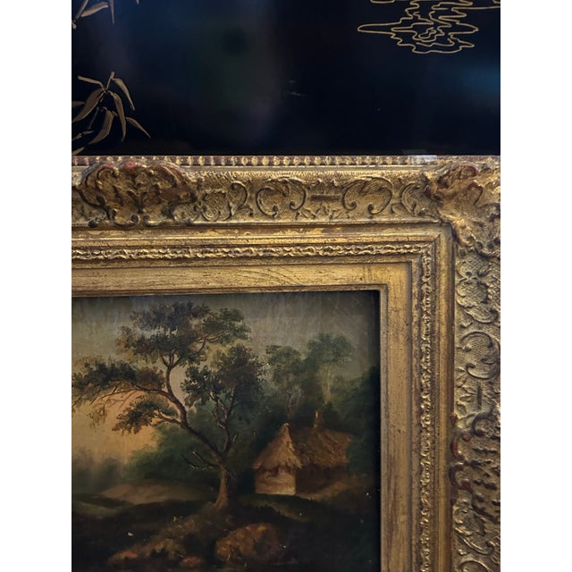 Transporting English 19th century oil painting on canvas of a countryside with a figure trees and a house. Presented in...
