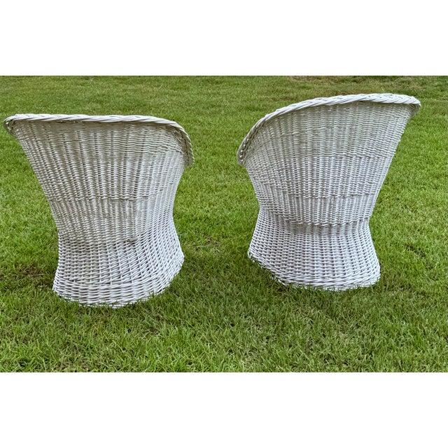 Mid-Century Modern Set of (2) Vintage Wicker Rattan Barrel/Bucket Style Chairs For Sale - Image 3 of 14