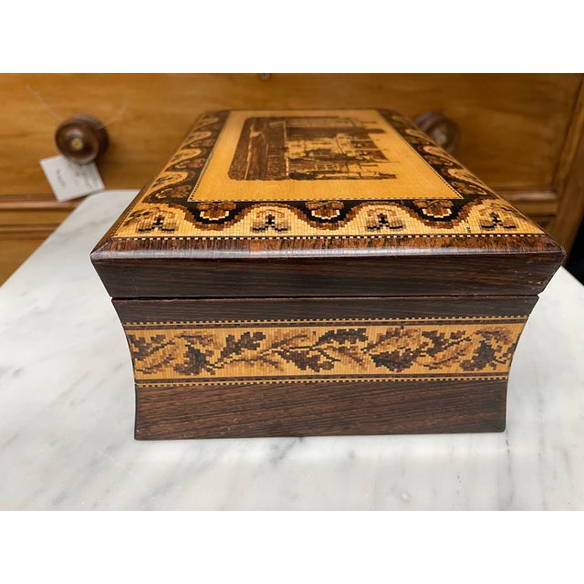 English British Castle Scene Turnbridgeware Jewelry Box For Sale - Image 3 of 10