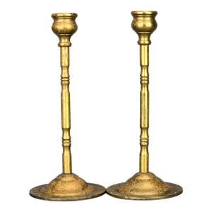 19th Century English Victorian Etched Brass Candlestick Holders Set of 2