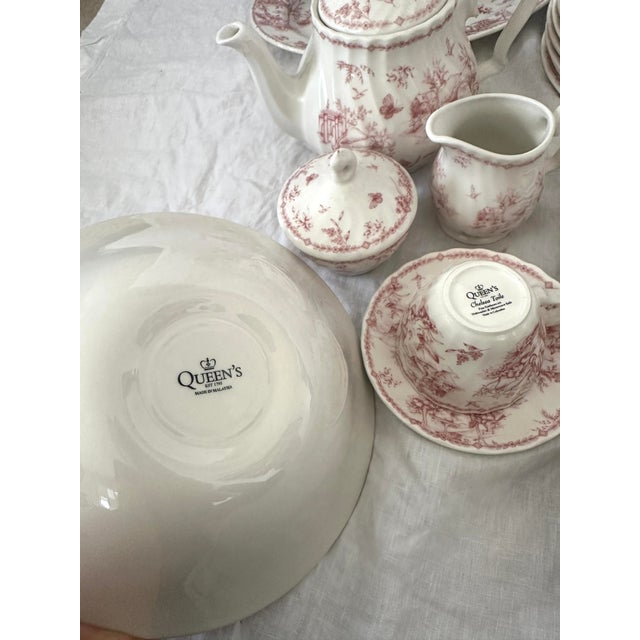 Vintage Shabby Chic Queens "Chelsea Toile" Pink Dinnerware Set of 53 For Sale - Image 9 of 12
