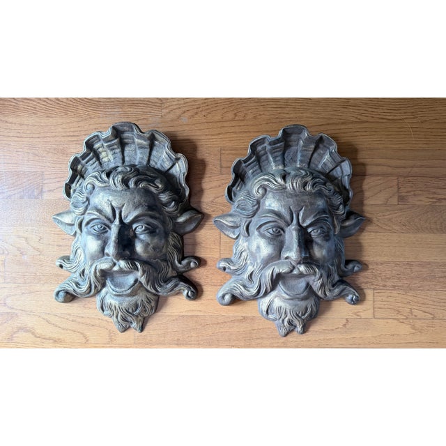 Metal Mythological Gilded Cast Iron Neptune Architectural Wall Plaques - A Pair For Sale - Image 7 of 12