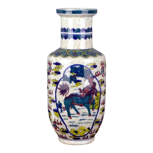 Chinese Vintage Ceramic Vase,Qing Dynasty Kangxi Marked Blue and White Famille Verte Porcelain Mallet-Shaped Vase Hand Painted Kylin Phoenix Pattern For Sale