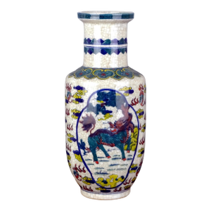Chinese Vintage Ceramic Vase,Qing Dynasty Kangxi Marked Blue and White Famille Verte Porcelain Mallet-Shaped Vase Hand Painted Kylin Phoenix Pattern