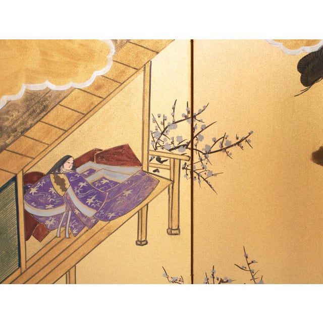 Goldenrod 1960s Shōwa Era Japanese Byobu Screen "Travels of Genji Monogatari" For Sale - Image 8 of 17