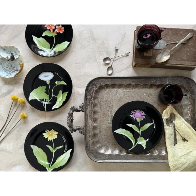 Fitz and Floyd 1978 Fitz and Floyd Fleur De Minuit Salad Plates 7.5 Inch Black Floral Vintage - Set of 4 For Sale - Image 4 of 12