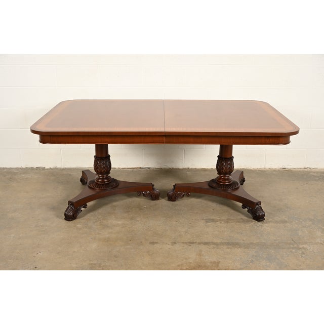Wood Baker Furniture Regency Banded Mahogany Double Pedestal Extension Dining Table, Newly Refinished For Sale - Image 7 of 15